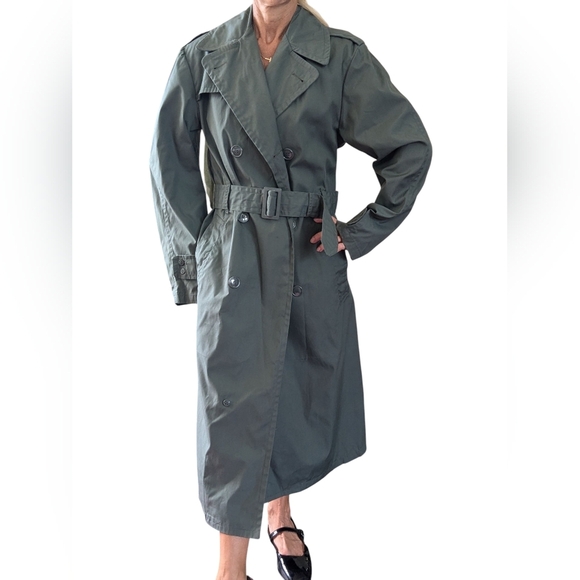 Vintage 80s Army Green Trench Coat Belted Military Raincoat Minimalist Utility - Picture 1 of 9